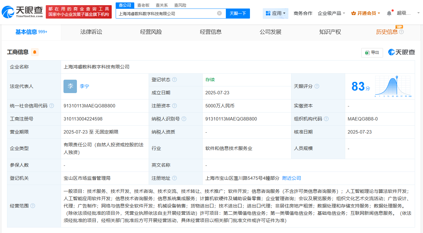 鴻博股份上海布局人工智能新篇章 鴻睿數科正式成立，注冊資本5000萬聚焦AI算法軟件開發